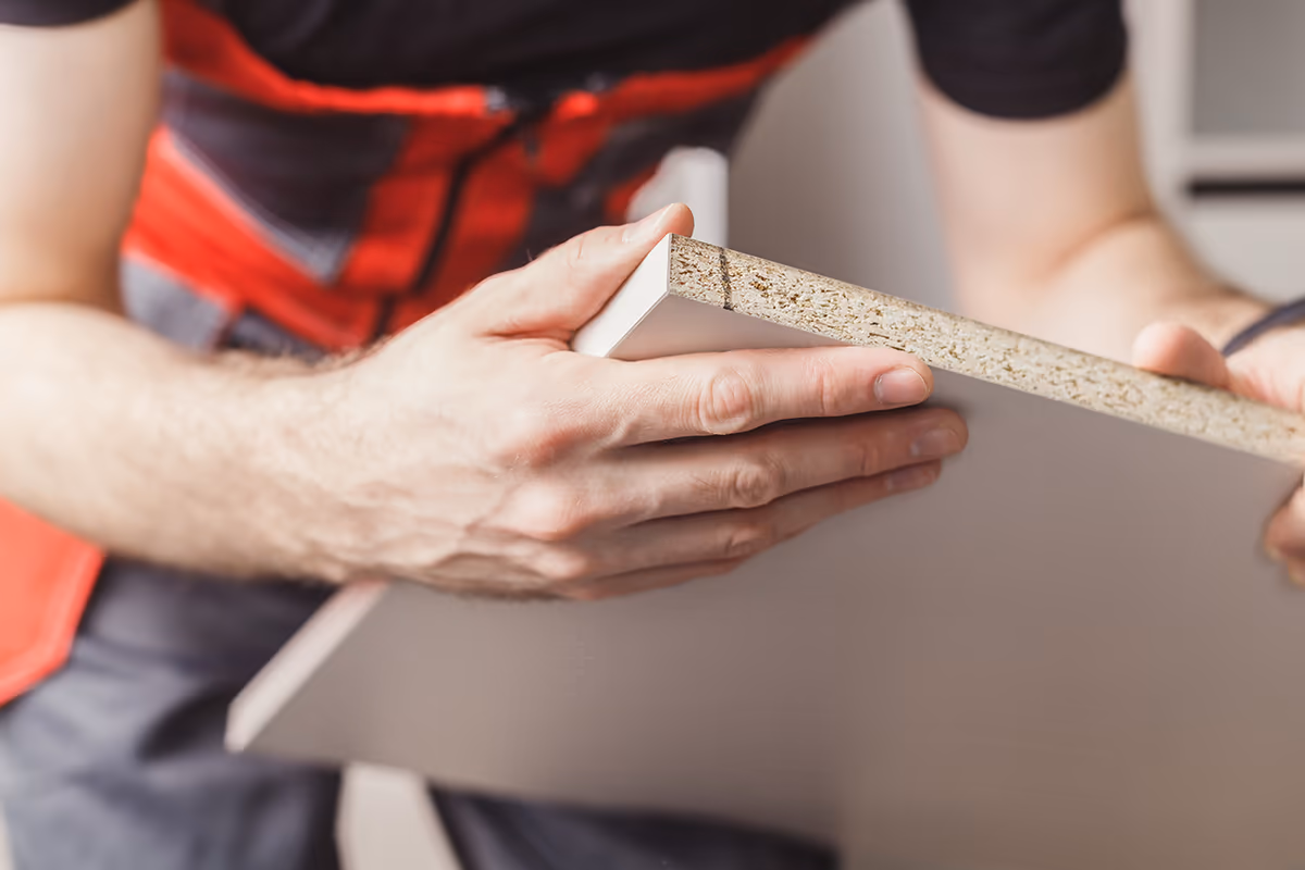 Professional holding a sample of chipboard for quality control